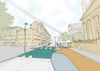 Visualisation of an improved crossing between St George's In the Fields and Raglan Road on St George's Road Glasgow. The image features segregated cycle-way with and a new pedestrian crossing