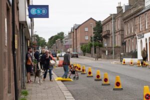 Members of the public using temporary ramps