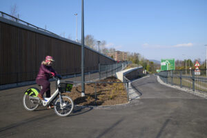 Person cycling on the Raigmore active travel link.