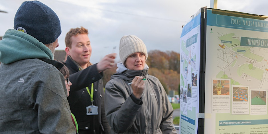 Group of people discussing a design board