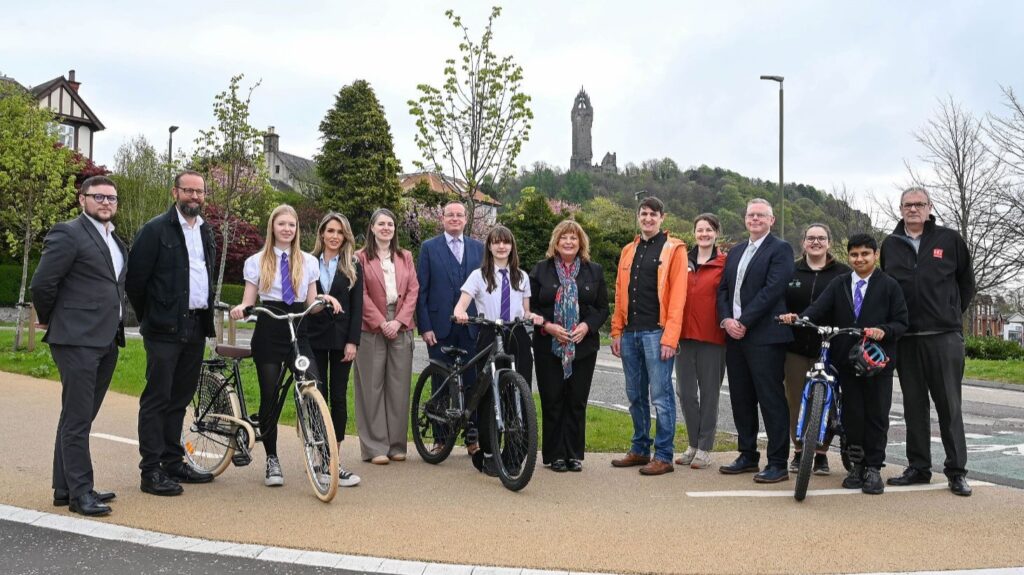 Partners and school pupils celebrate the opening of Walk Cycle Live Stirling