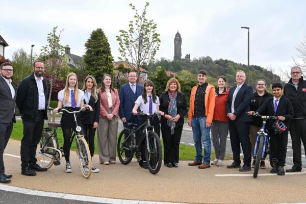 Partners and school pupils celebrate the opening of Walk Cycle Live Stirling