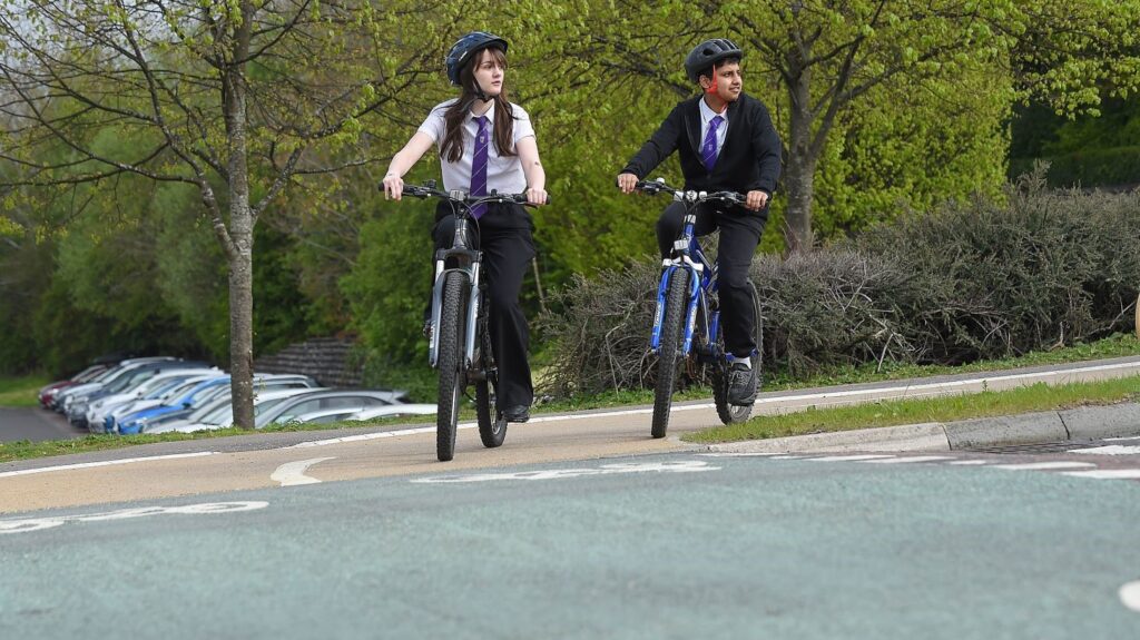 School pupils cycling on segregated infrastructure in Stirling